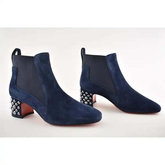 Christian Louboutin Study 55 Blue Suede Silver Spike Block Heel Ankle Boot 36.5 - Picture 4 of 9